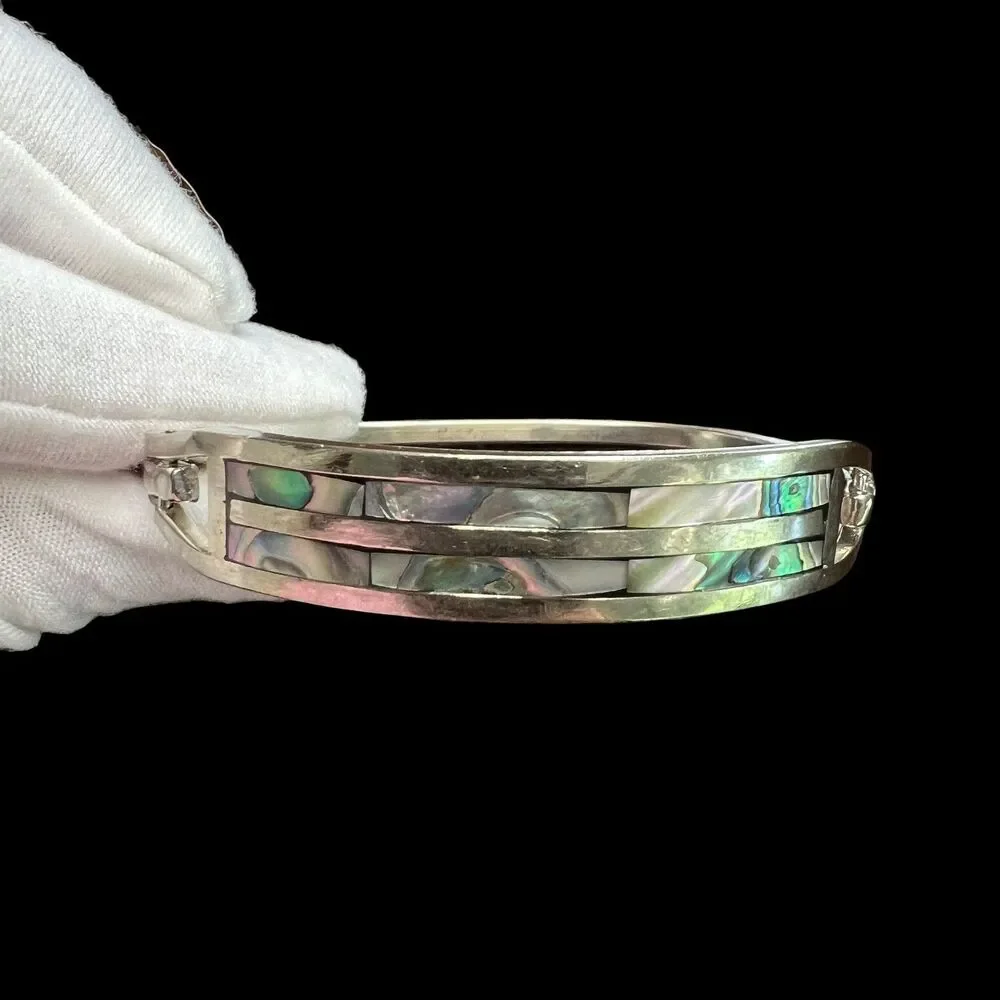 Vintage Alpaca Mexico Abalone Bangle Bracelet Silver Tone 7.5 in Signed Inlay
